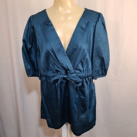 a.n.a Tops - ANA Teal 3/4 length sleeve teal blouse cinched waist vneck size Medium Y2K